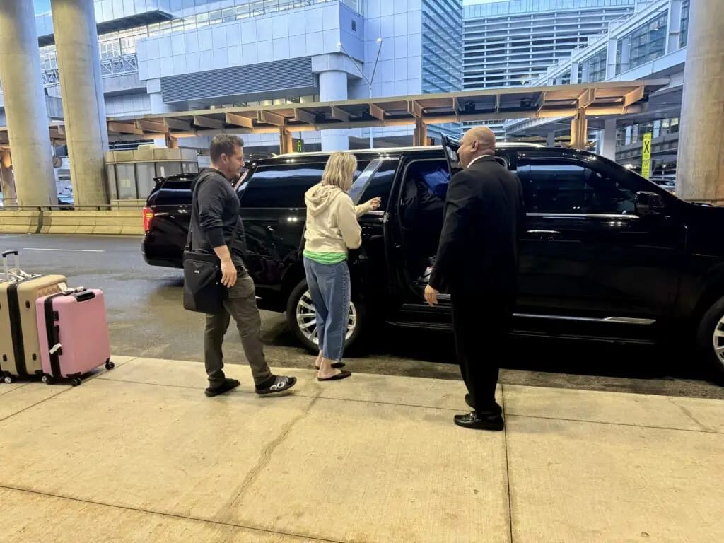 Black SUV limousine parked in downtown Chicago